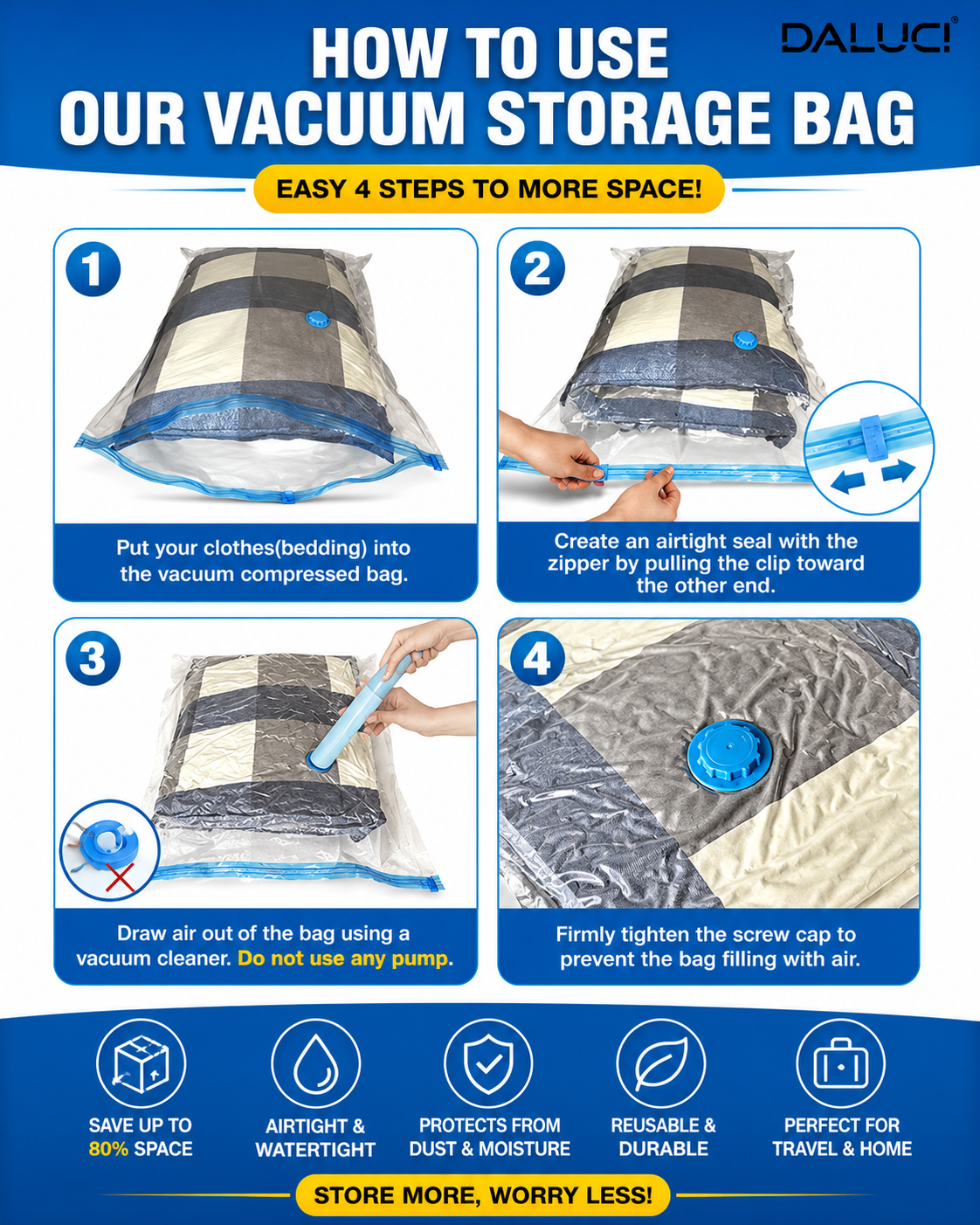 DALUCI Vacuum Storage Bags for Clothes, Travel & Bedding with Hand Pump | Airtight Reusable Compression Space Saver Bags | Waterproof Storage Organizer Pack of 5