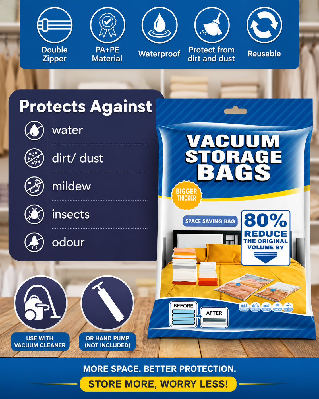 DALUCI Vacuum Storage Bags for Clothes, Travel & Bedding with Hand Pump | Airtight Reusable Compression Space Saver Bags | Waterproof Storage Organizer Pack of 5
