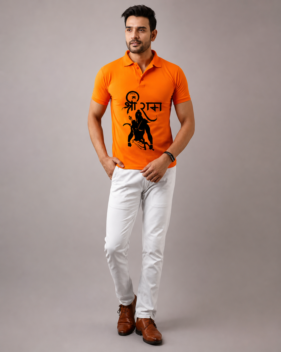 Collar Polo T-Shirt | Unisex Polycotton Lycra T-Shirt | Jai Shri Ram Printed Orange T-Shirt | Regular Fit Half Sleeve
