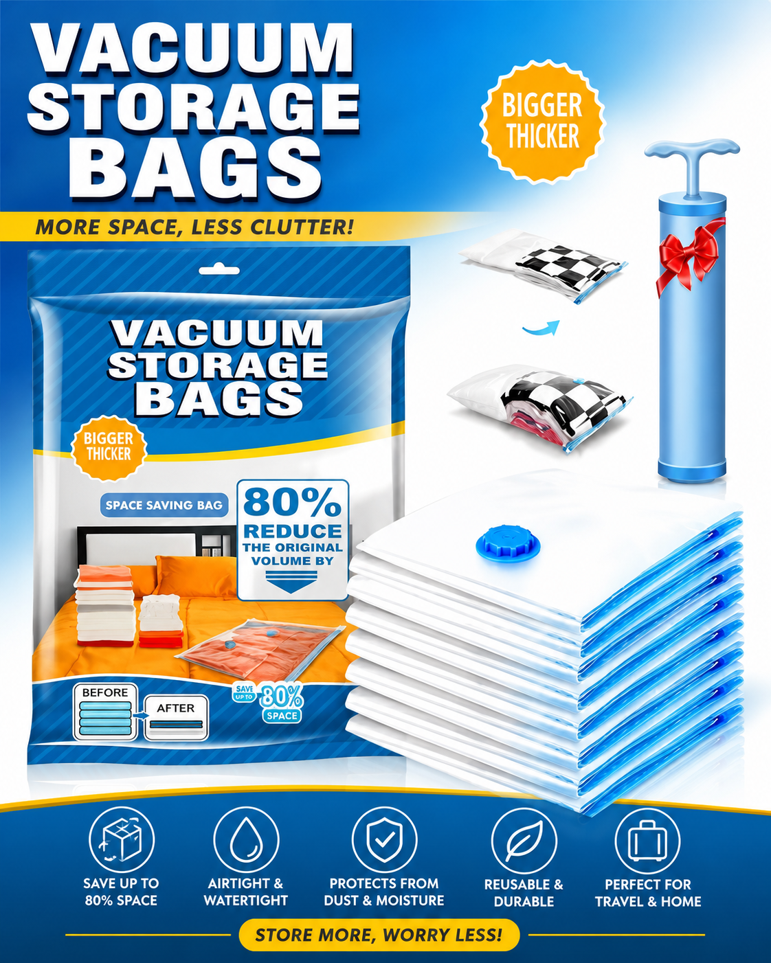 DALUCI Vacuum Storage Bags for Clothes, Travel & Bedding with Hand Pump | Airtight Reusable Compression Space Saver Bags | Waterproof Storage Organizer Pack of 5