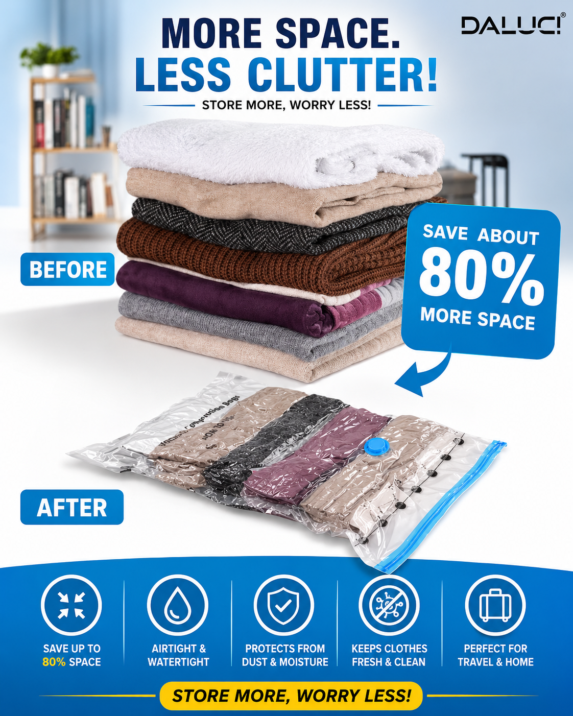 DALUCI Vacuum Storage Bags for Clothes, Travel & Bedding with Hand Pump | Airtight Reusable Compression Space Saver Bags | Waterproof Storage Organizer Pack of 5