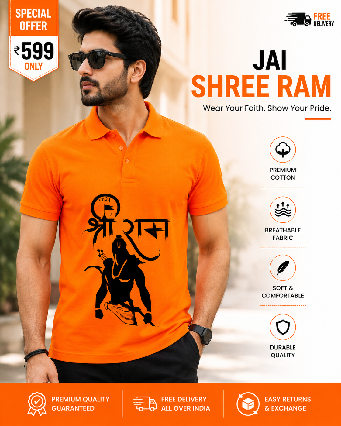 Collar Polo T-Shirt | Unisex Polycotton Lycra T-Shirt | Jai Shri Ram Printed Orange T-Shirt | Regular Fit Half Sleeve