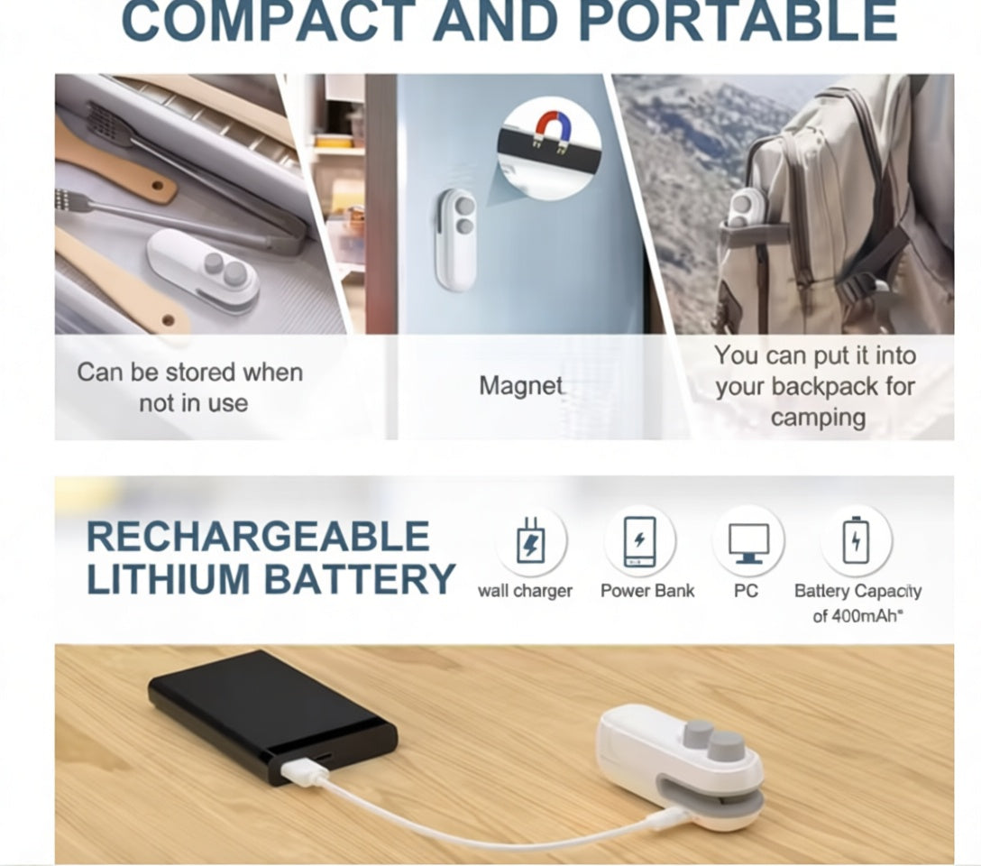 Mini Bag Sealer Machine — USB-C Rechargeable Heat Sealer & Cutter | Keep Food Fresh Longer, Anywhere